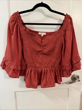Smocked Peplum Peasant Blouse with‎ Ruffle Bell Sleeves Size M Rose Cottagecore